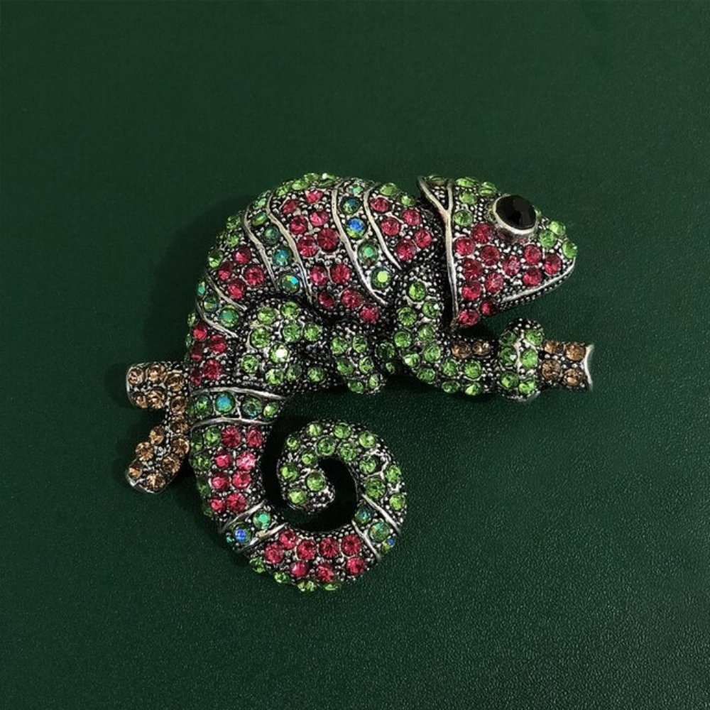 Pink Green rhinestone Camelion Pin Broach